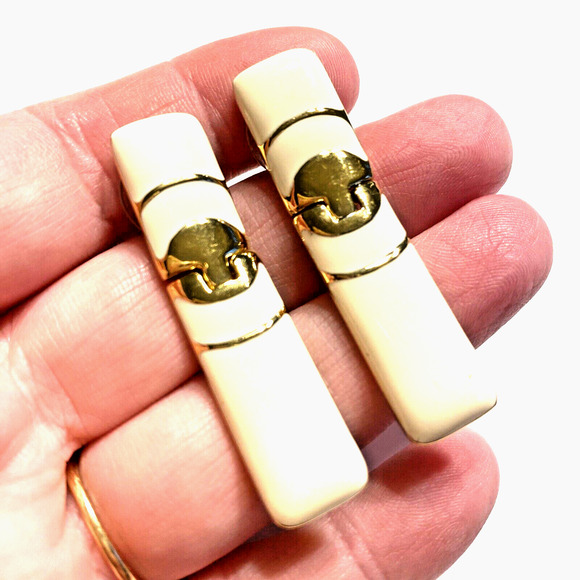 Vintage Monet Pierced Earrings Unique Gold & Creamy White Enamel 80’s Boss Lady - Picture 2 of 6